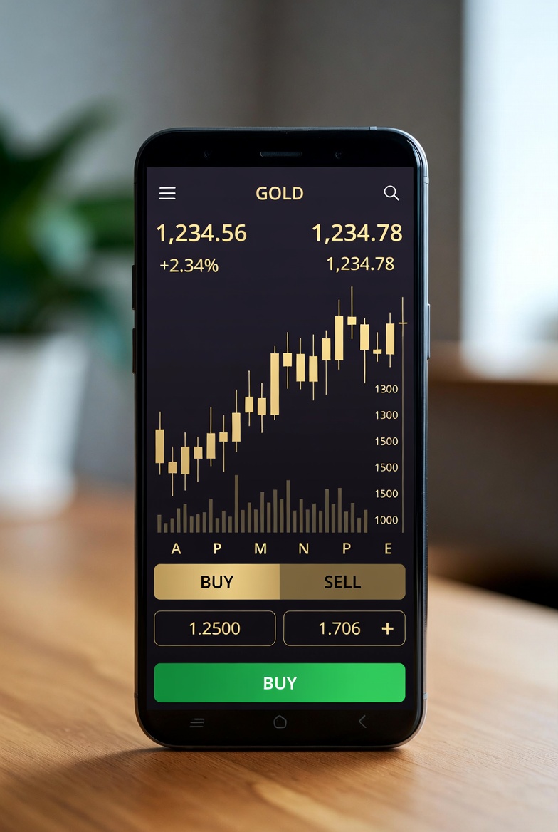Gold Trading App - Gold bars and fintech dashboard illustration
