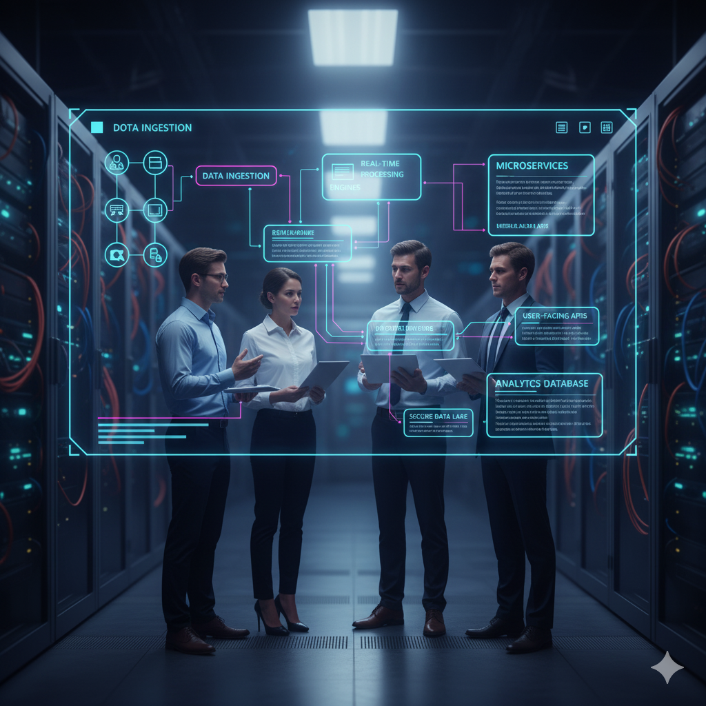 Tech development consulting - professionals in data center with holographic displays